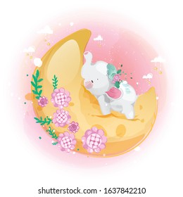 Cute little elephant and moon in the bright sky.