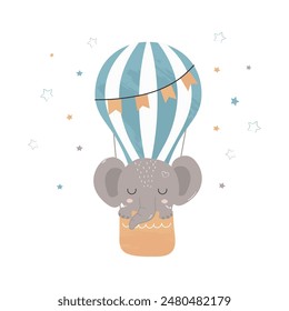 Cute little elephant on a balloon. Children's illustration for posters, fabric prints and children's cards on a white background. Vector