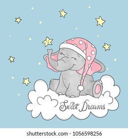 Cute little elephant on the cloud. Sweet dreams vector illustration for kids.