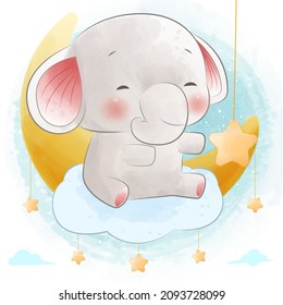 Cute little elephant on the cloud