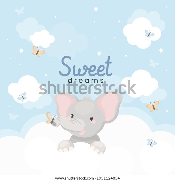 Cute little elephant on the cloud. Sweet dreams\
vector illustration for\
kids.