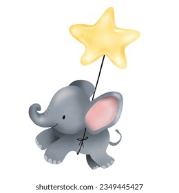 Cute little elephant on a star, vector,  watercolor. Colorful postcard, invitation on transparent background