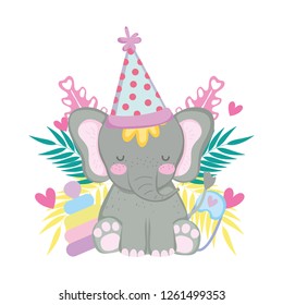cute and little elephant with party hat and garden