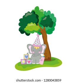 cute and little elephant with party hat