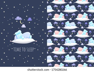 Cute little elephant with pillows, illustrations and seamless patterns at night for kids