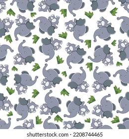 cute little elephant play around swamp. Design concept for kids textile print, nursery wallpaper, wrapping paper. Cute funny background.