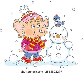 Cute little elephant playing with a merry small bird and making a funny toy snowman on a winter walk in a snowy forest, vector cartoon illustration on a white background