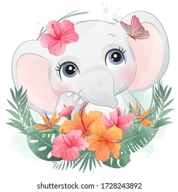 Cute little elephant portrait with floral