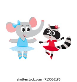 Cute little elephant and raccoon, puppy and kitten characters dancing ballet together, cartoon vector illustration isolated on white background. Little raccoon and elephant ballet dancers, ballerinas