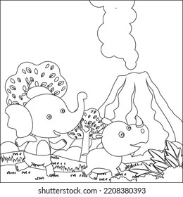 Cute Little Elephant And Rhino Play Around Swamp.  Creative Vector Childish Design For Kids Activity Colouring Book Or Page.