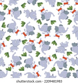 Cute Little Elephant And Rhino Play Around Swamp. Design Concept For Kids Textile Print, Nursery Wallpaper, Wrapping Paper. Cute Funny Background.