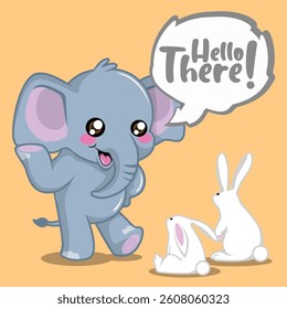 cute little elephant say hello to the rabbit