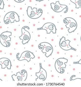 Cute Little Elephant Seamless Vector Pattern. Baby Elephant and Stars. Doodle Cartoon Animals. Colorful Background for Kids. Children's wallpaper