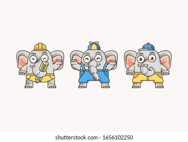 cute little elephant set with different clothes and pose. this character can be ued for mascot, icon, character on story book and other.