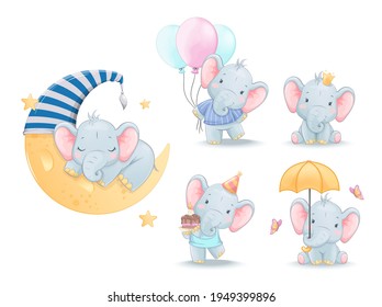 Cute little elephant, set of five poses. Funny cartoon character. Stock vector illustration isolated on white background