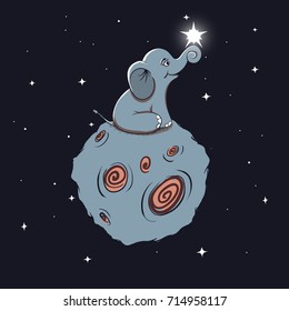 Cute little elephant sits on Moon.Childish vector illustration