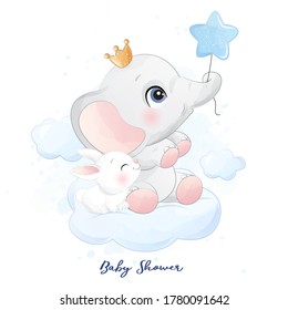 Cute little elephant sitting in the cloud with bunny illustration