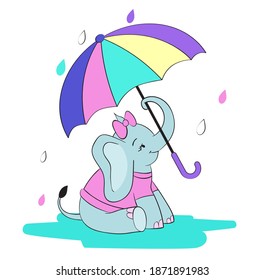 Cute little elephant is sitting and holding umbrella under colourfull rain. Vector illustration for clildren and baby clothes print.