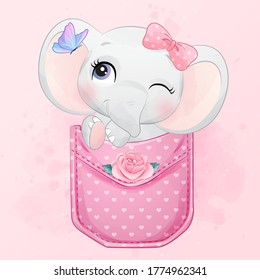 Cute little elephant sitting inside pocket illustration