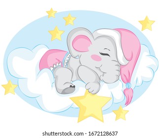 Cute little elephant sleeping on the cloud. Cartoon vector illustration for kids. Use for t shirt template, surface design, fashion wear, baby shower