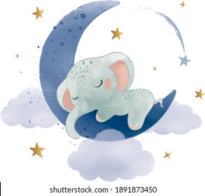 Cute little elephant sleeping on the moon, vector illustration, kids fashion artworks, baby graphics for wallpapers and prints.