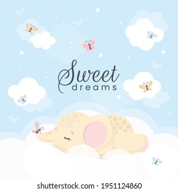 Cute little elephant sleeping on a cloud. Sweet dreams vector illustration for kids.