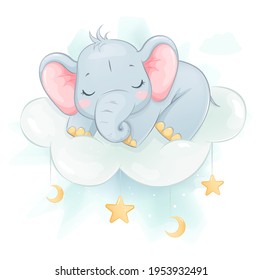 Cute little elephant sleeping on a cloud. Funny cartoon character. Stock vector illustration