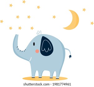 Cute little elephant with stars and moon. Poster, card, decoration for children room. Vector illustration, flat cartoon style