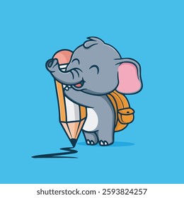 Cute little elephant student pencil backpack vector children's illustration Q edition vector cartoon illustration