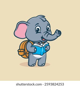 Cute little elephant students read vector children's illustration Q edition vector cartoon illustration