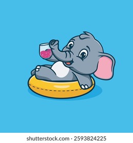 Cute little elephant swimming circle drinking red wine vector children's illustration Q version vector cartoon illustration