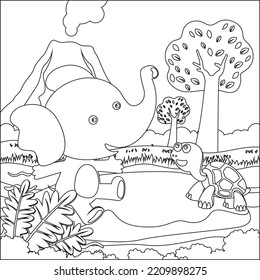Cute little elephant and turtle play around swamp.  Creative vector Childish design for kids activity colouring book or page.