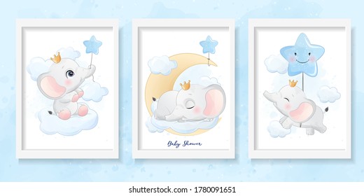 Cute little elephant with watercolor illustration