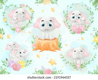 Cute little Elephant with watercolor illustration set