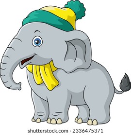 Cute little elephant wearing hat and scarf