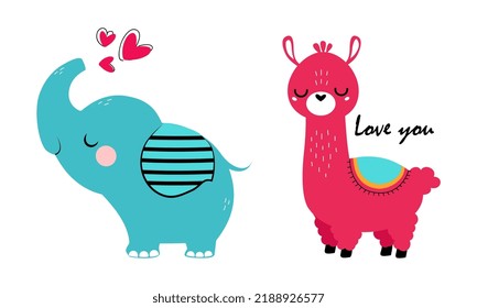 Cute Little Elephant and Wooly Llama with Heart as Valentine Day Celebration Vector Set