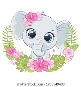 Cute little elephant with wreath of hawaii flowers. Cartoon vector illustration.