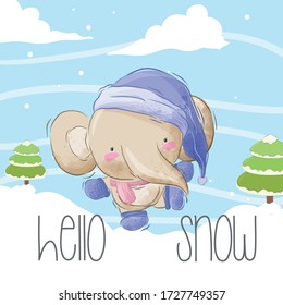 Cute little elephants playing in winter illustration for kids