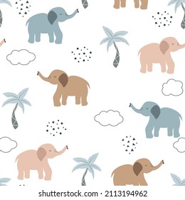 Cute little elephants seamless pattern. Cartoon kids background with animals and palm trees. Hand drawn vector print in Scandinavian style. Funny drawing with elephants.