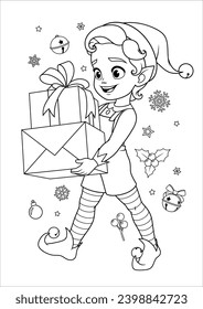 Cute little Elf carrying Christmas gifts. Santas little helper. Black and white vector coloring book page illustration for children.