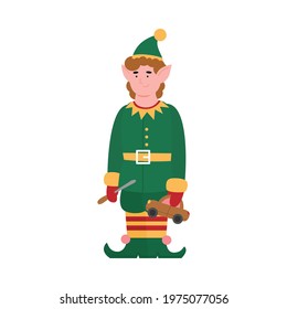 Cute little elf cartoon character with toy car flat vector illustration isolated on white background. Elf or dwarf helping Santa with Christmas presents.