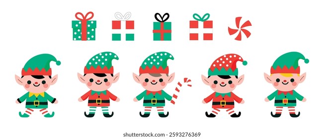 Cute little elf character set. Christmas holidays cartoon collection. Present box illustration set