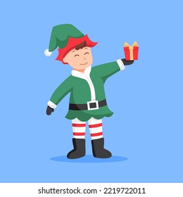 Cute Little Elf with Christmas Gift Character Design Illustration