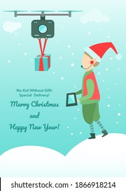 Cute Little Elf Controlling Gift Delivery by Drone. Concept Of Safe Gift Delivery with a Drone to Support Social Distancing at Holidays. Delivery at Lockdown. Covid-19 Precaution Ideas.