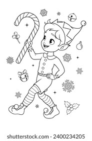 Cute little Elf dancing with Christmas candy cane. Santas little helper. Black and white vector coloring book page illustration for children.