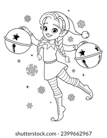 Cute little Elf girl holding Christmas jingle bells. Santas little helper. Black and white vector coloring book page illustration for children.