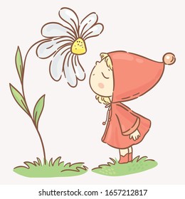 Cute little elf, gnome, girl and flowers