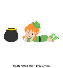 Cute little elf lying near a pot of gold isolated on white. Design for Patrick day. Can be used for stiker, banner, card, poster and any design. Vector illustration.