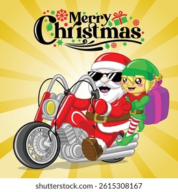 cute little elf with santa claus riding a bike together