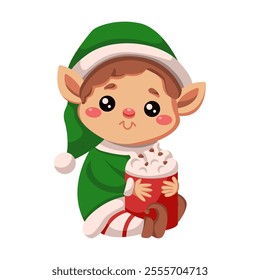 Cute little elf sitting with cocoa cup flat color vector character. Christmas holiday Santa Claus helper illustration on white background